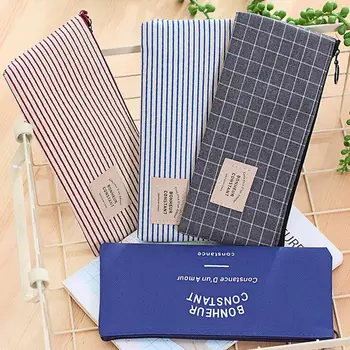 

1000pcs/lot Brief Style Grid Stripes Canvas Pencil Bag Stationery Storage Pencil Case School Gift Stationery Supply