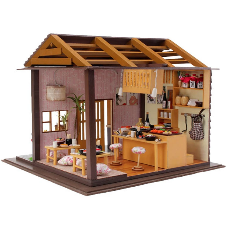 

DIY DollHouse Miniature With Furnitures 3D Wooden Doll House Handmade Toys Christmas Gift Sakura Sushi Restaurant 13827 #E