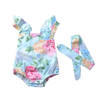 

2Pcs/Set baby girls clothing Set ruffles Floral Romper+headband Floral backless Romper One-piece Sunsuit Headband Clothes Set