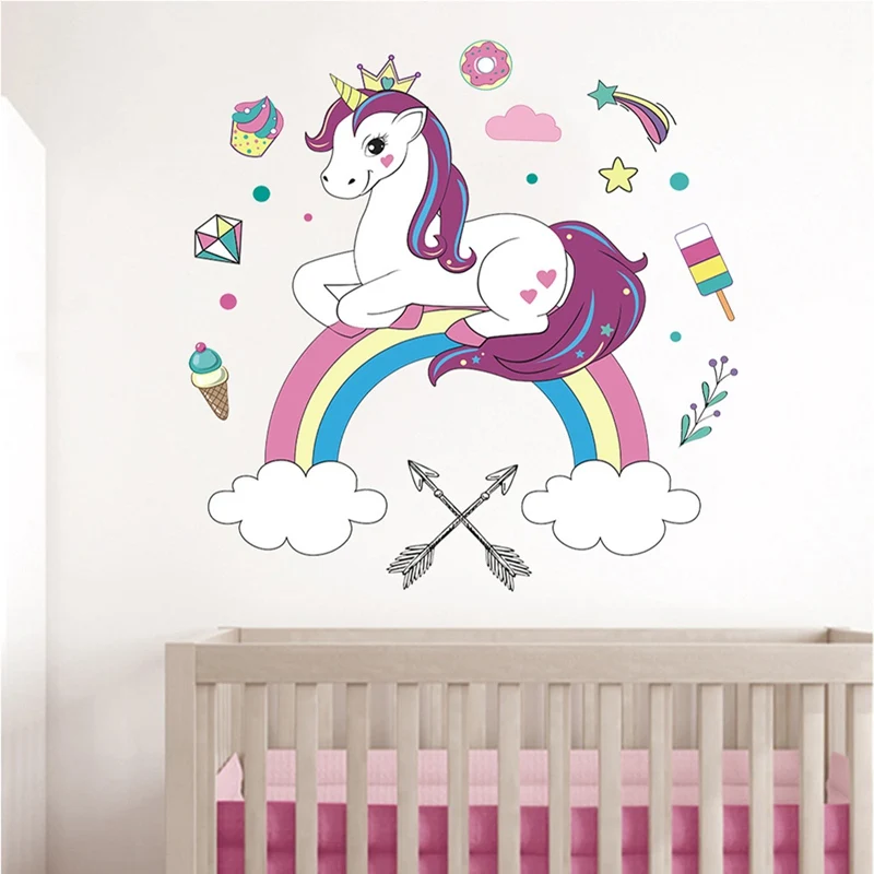 

Cartoon Unicorn Rainbow Wall Stickers Colorful Horse Wall Decals For Kids Girls Room DIY Poster Wallpaper Home Decor