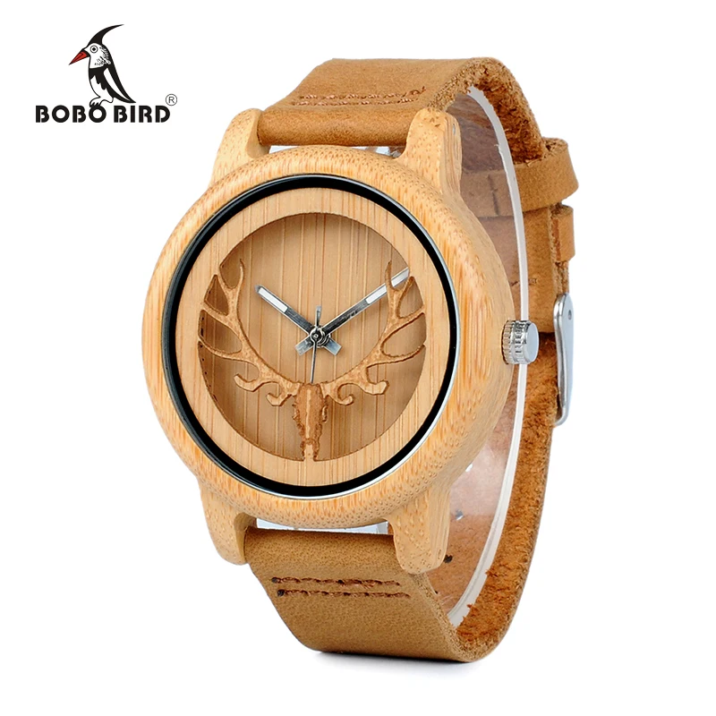 BOBO BIRD CA27 creux tête de cerf bambou bois décontracté montres pour hommes femmes dames bracelet en cuir montre à Quartz livraison gratuite