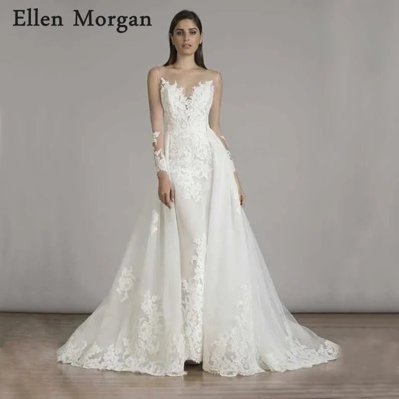 Detachable Skirt Summer Mermaid Wedding Dresses for Women Wear Zipper Boat Neck Lace Tulle Long Bridal Gowns 2019