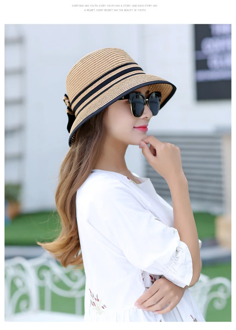Chapéus para Mulheres Fora de Viagem Boater Muchique Verão Palha Chapéu Aba Larga Praia Chapéus Menina Boné Casual Arco B-7847 Sol 14 Cheap Chapéus de sol