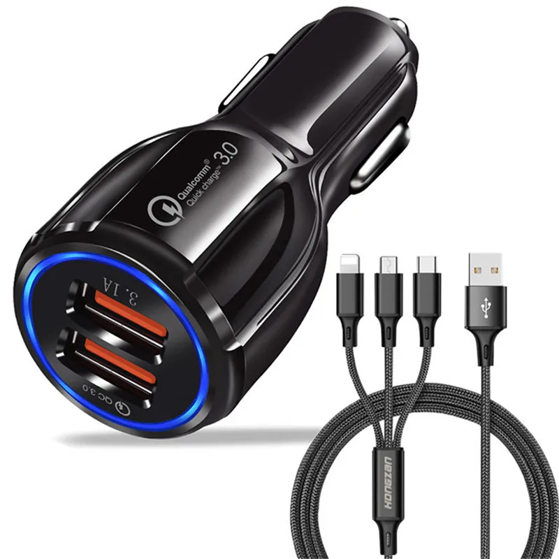 Dual USB Car Charger Quick Charge 3.0 + 4ft 3 in 1 Cable