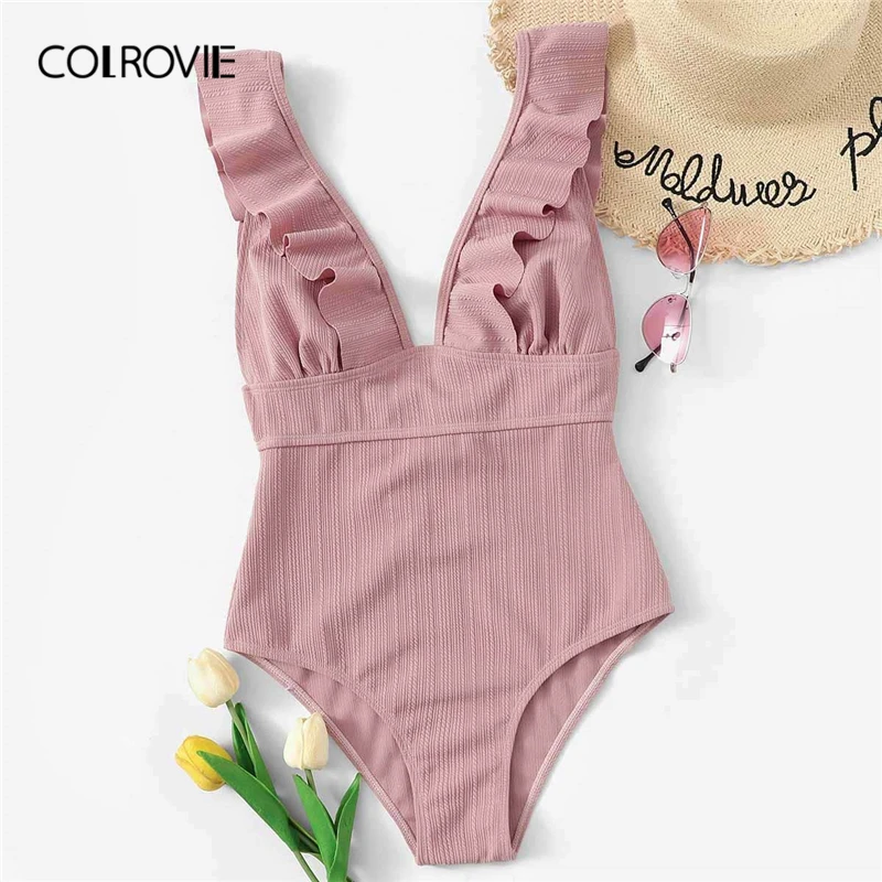 COLROVIE الوردي الكشكشة الخامس الرقبة مثير قطعة واحدة ملابس السباحة ارتداءها النساء Monokini 2019 الصيف بحر لطيف الإناث لباس سباحة