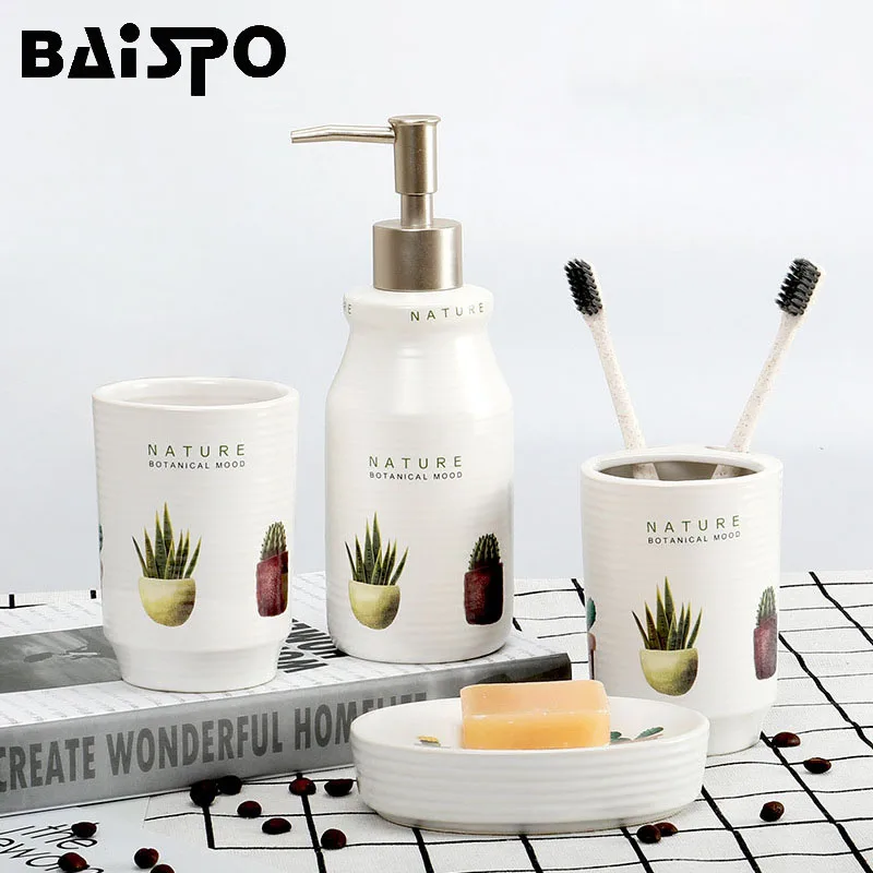 

Baispo Ceramics 4Pcs/Set Bath Accessories Suit Includes Cup Soap Dish Soup Dispenser Toothbrush Holder Shampoo Press Bottle