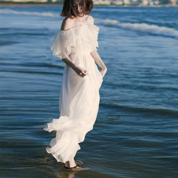 

Freeship white/green/wine red chiffon ruffled elastic beach/casual vacation long dress dress fairy/elastic shoulder multi wear