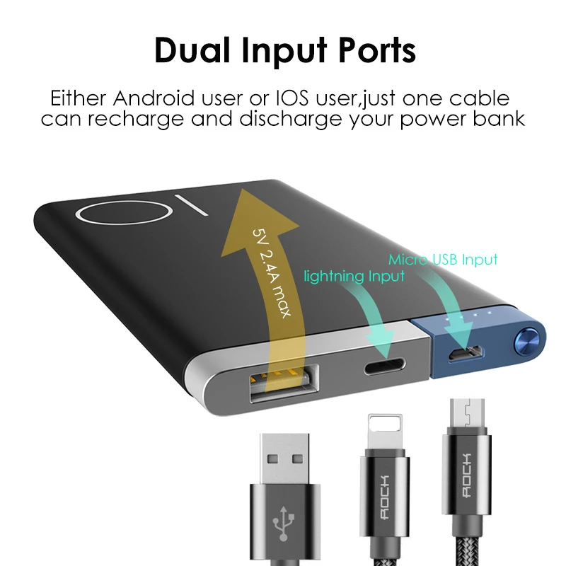 ROCK Power Bank 10000mAh External Battery with Dual Input Ports For iPhone 8 7 6 Portable Phone Charger Powerbank for Xiaomi ROCK Power Bank 10000mAh External Battery with Dual Input Ports For iPhone 8 7 6 Portable Phone Charger Powerbank for Xiaomi