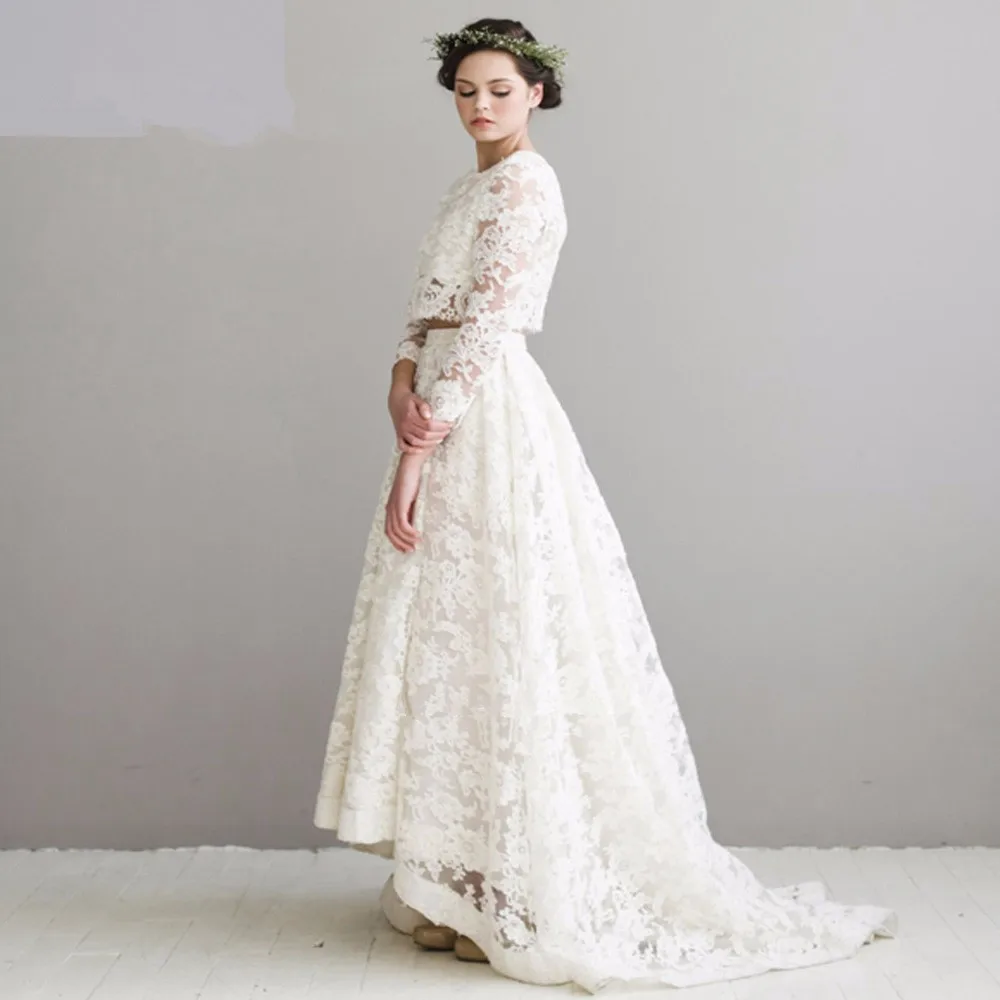 

Vintage Lace 2 Piece Wedding Dresses Long Sleeve Bride Dress 2017 Short Front Long Back Wedding Gowns High Low Vestido de Noiva