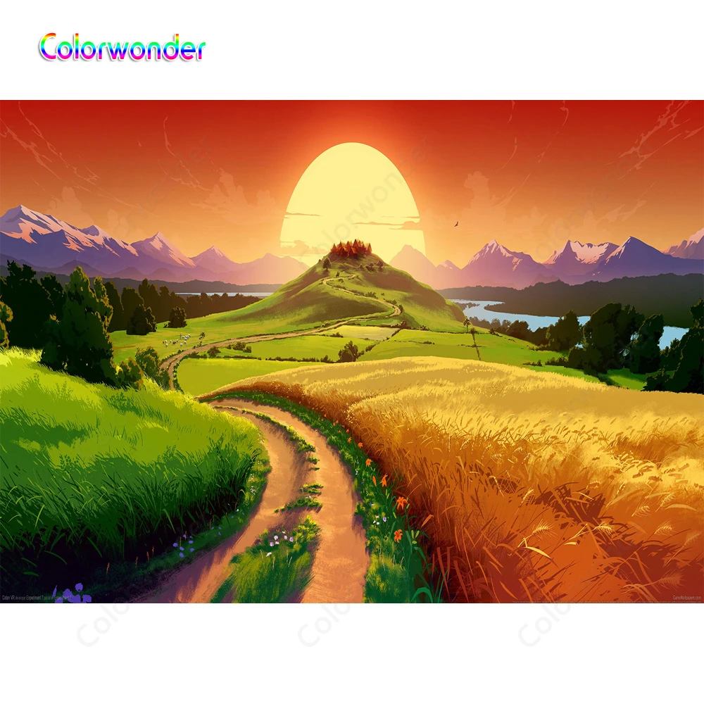 Arriere Plan De Photographie De Dessin Anime Montagnes Vertes Avec Champ De Ble Dore Paysage De Coucher De Soleil Naturel Arriere Plan De Nuit Pour Fete D Anniversaire Aliexpress