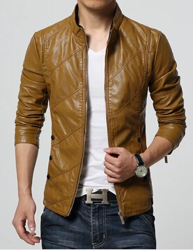 Высококачественная Мужская куртка из искусственной кожи, однотонная, красная, черная, коричневая, со стоячим воротником, приталенная ветровка, пальто, повседневная верхняя одежда - Цвет: Brown