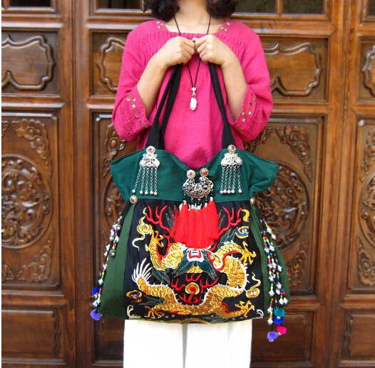 Новейшие двухсторонние сумки с вышивкой, этнические зеленые холщовые женские сумки с большим рисунком, сумки на плечо для путешествий