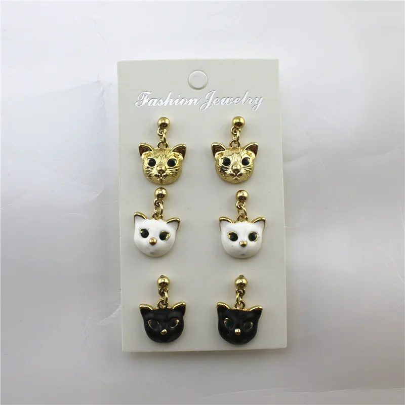 

3 pieces set of stud earrings European American style fashion Enamel black white cat head animal Combination ear jewelry