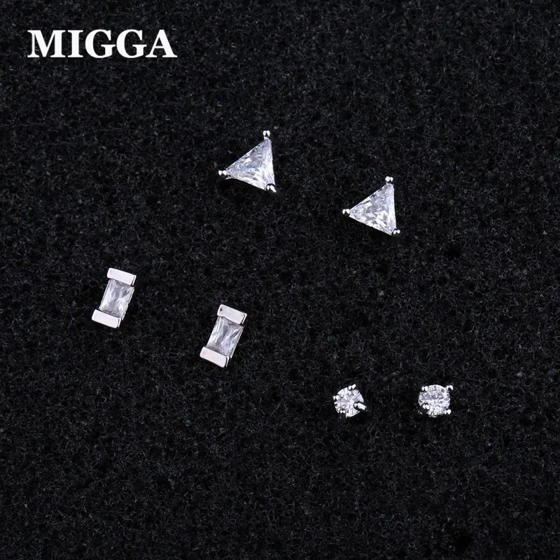 

MIGGA 3 Pairs Cute Geometric Triangle Stud Earrings 925 Sterling Silver Needles Small CZ Zircon Earrings