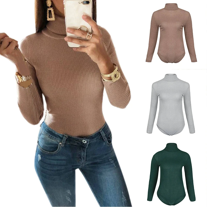 Women's Knitted Bodysuits Autumn Winter Long Sleeve Turtleneck Sweater Tops Jumper Female Casual Slim Sexy Skinny Body Suits