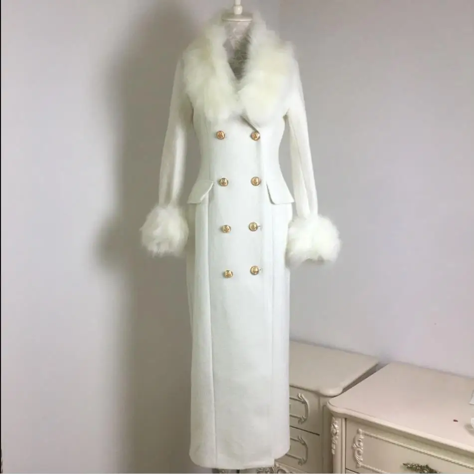 

Winter fashion women woolen coat big fur collar white cashmere coat female double breasted slim coat