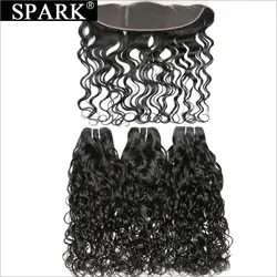 Spark пучки волос с бразильские волосы с закрытием Weave Связки с синтетическое закрытие воды волна пучки волос Remy синтетический Frontal шнурка