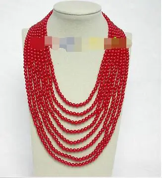 

Free Shipping>> new hot natural 8row 17"-25" round red coral beads necklace 925s clasp j8562