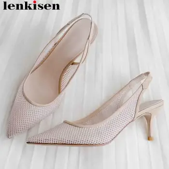

Lenkisen large size sheep leather slip on mesh sun protection women pumps pointed toe princess style stiletto heels shoes L26