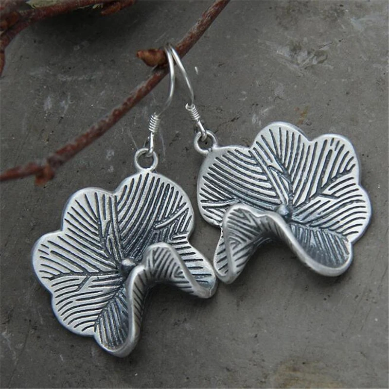 

Black Silver Lotus Leaf Drop Dangle Earrings Ethnic 925 Sterling Silver Fashion Jewelry For Women Girls Party Christmas Gift