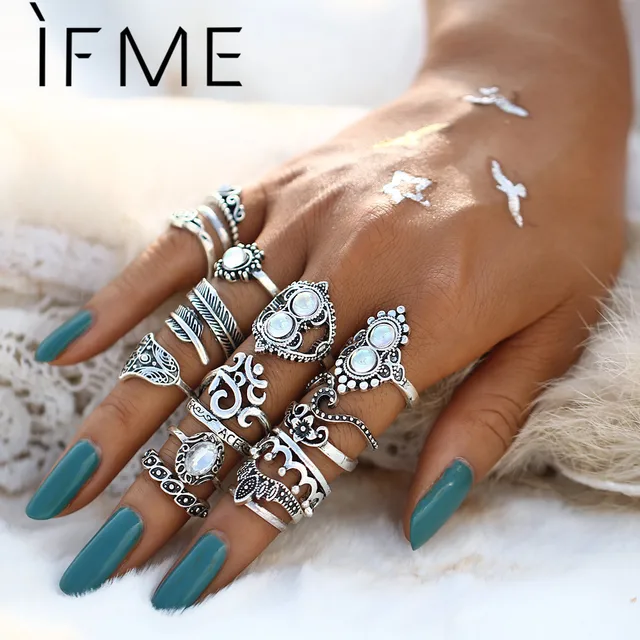 IF ME 16PCS/set Vintage Rings Set Mixed Leaf Flower Crown Palm Crystal Midi Knuc IF ME 16PCS/set Vintage Rings Set Mixed Leaf Flower Crown Palm Crystal Midi Knuc
