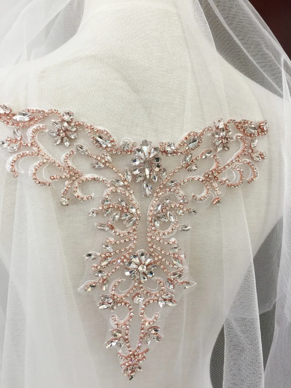 Rose Gold Delicate rhinestone applique collar, beaded diamante applique