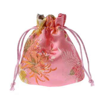 

Classic Chinese Flower Embroidery Jewelry Bag Organizer Silk Traditional Pouch
