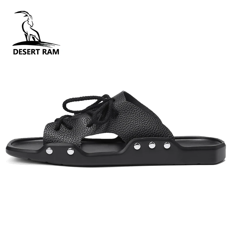 

DESERT RAM Brand 2018 Trending Lace Up Slippers Mens Leather Slides Summer Flip Flops Black White Hot Beach Bedroom Water Shoes