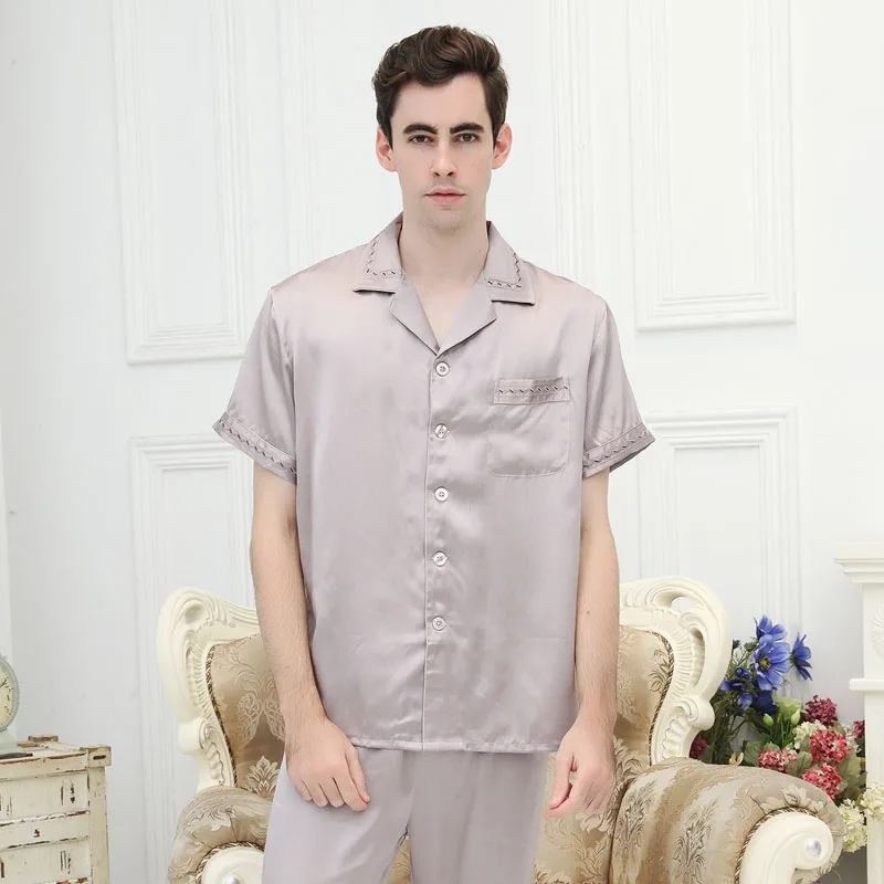 100 Mulberry Silk Sleepwear Pure Heavy Silk Short Sleeve Men Pajama sets L XL XXL Free Shipping