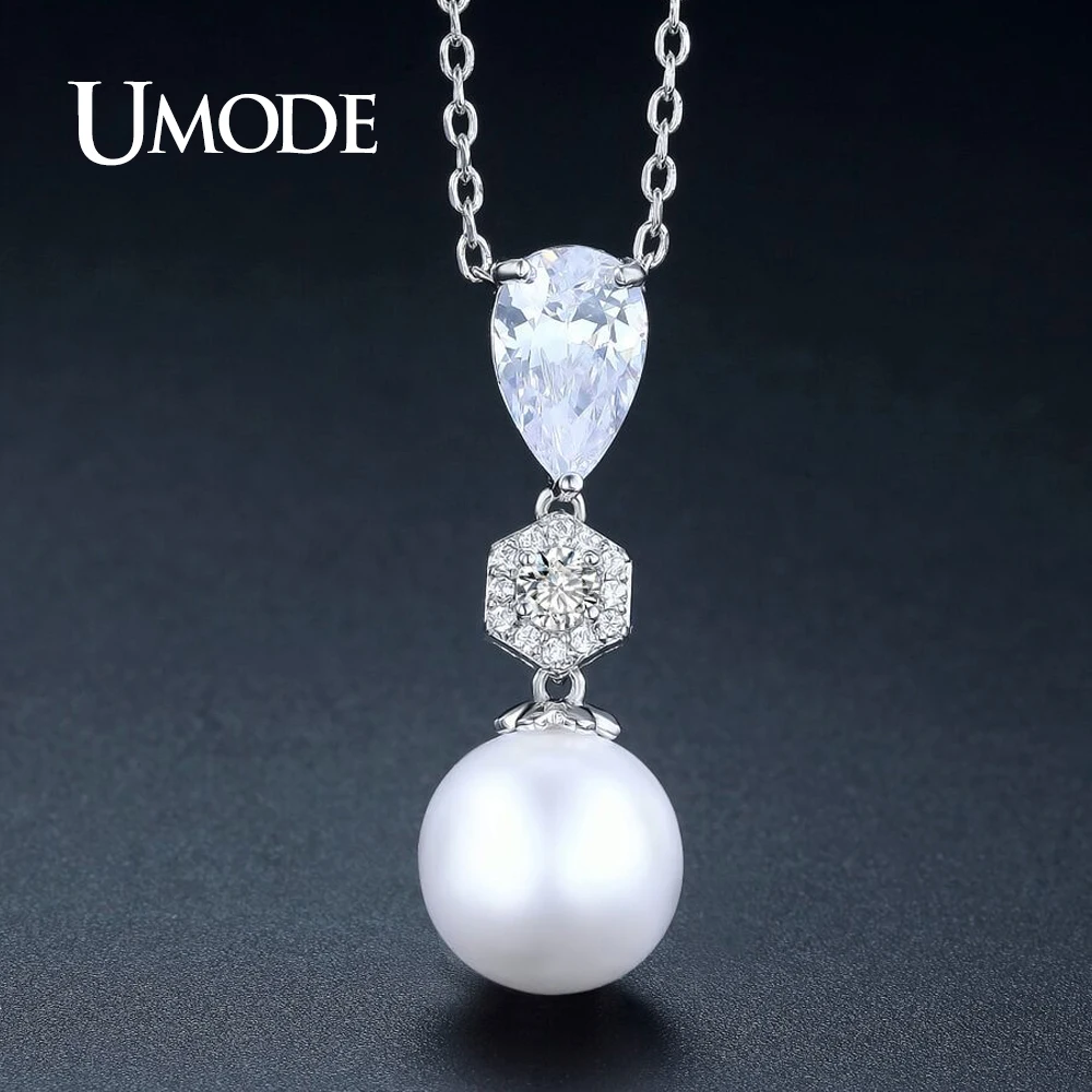 

UMODE New Pearl Fashion Jewelry Water Drop CZ Link Chain Pendant Necklaces for Women Wedding Party Colar Accessories Gift UN0271