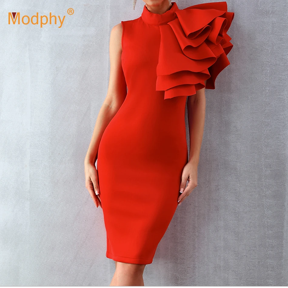 

2018 new winter women's bandage dress wine red white red black sleeveless ruffled Bodycon Midi Bodycon Club ladies party dress
