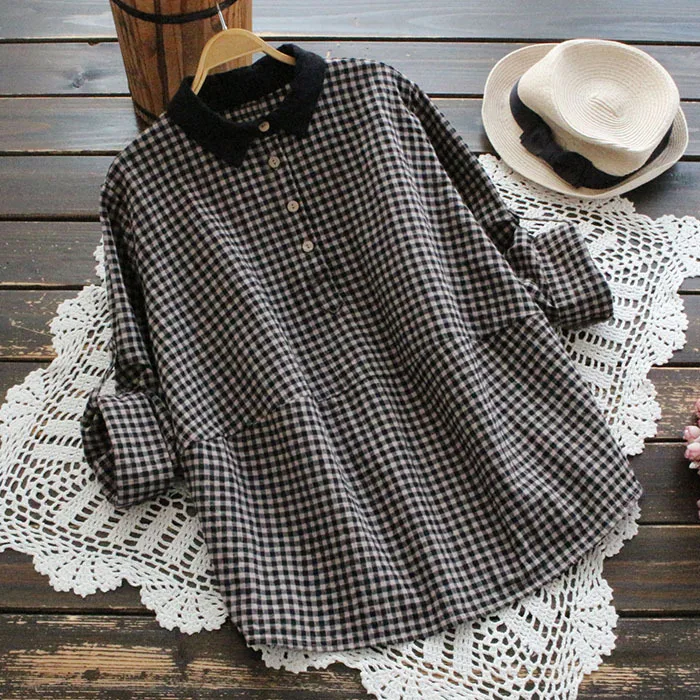 

New Classic Women's Plaid Shirt Long Sleeve Roll Up Tops Leisure Lace Turn Down Collar Cotton Linen Blouse Ladies Spring Blusas