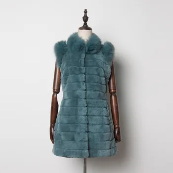 

Fur Story 13218 New Design Lady Chic Real Rex Rabbit Fur Vest with Fox Fur Collar and Cuff Lace Hem Real Fur Vest Female