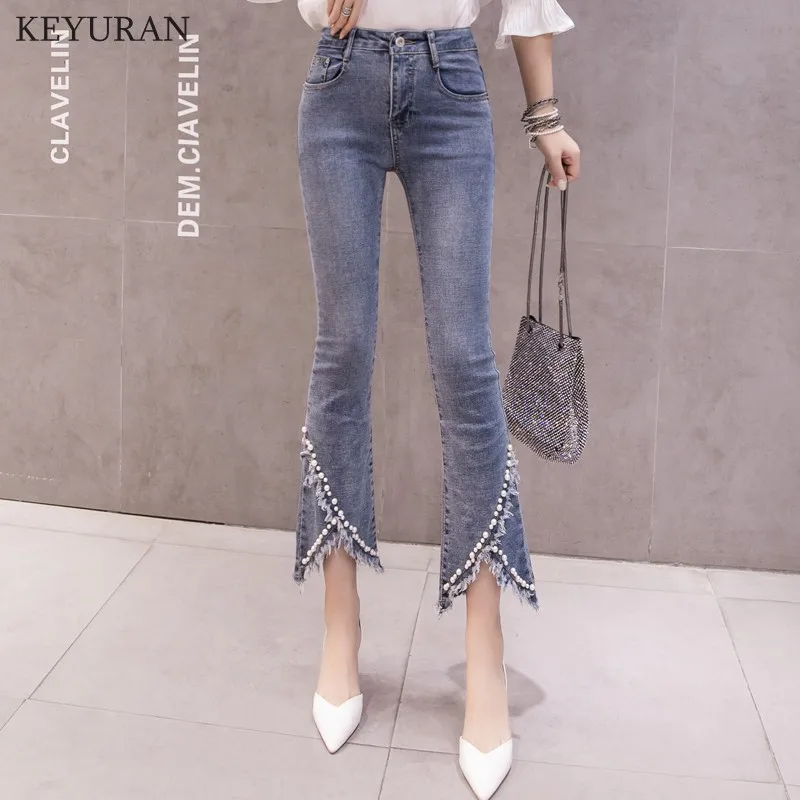 Женские расклешенные джинсы размера плюс, украшенные бисером и кисточками, с высокой талией, эластичные облегающие джинсовые штаны, длина по щиколотку, женские брюки Boyfriend L3201