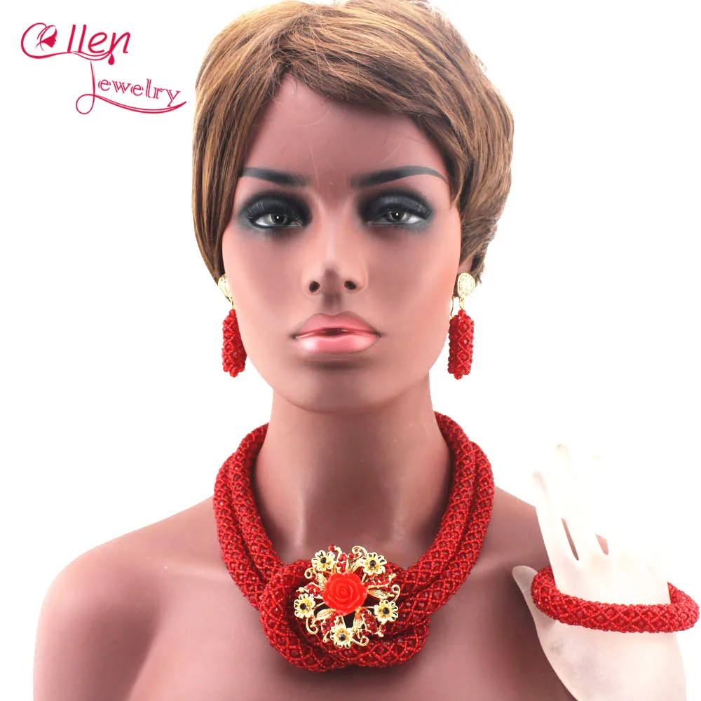 

Stylish Orange Nigerian Wedding African Beads Jewelry Set Handmade Indian Dubai Bridal Necklace Sets Free Shipping W12936