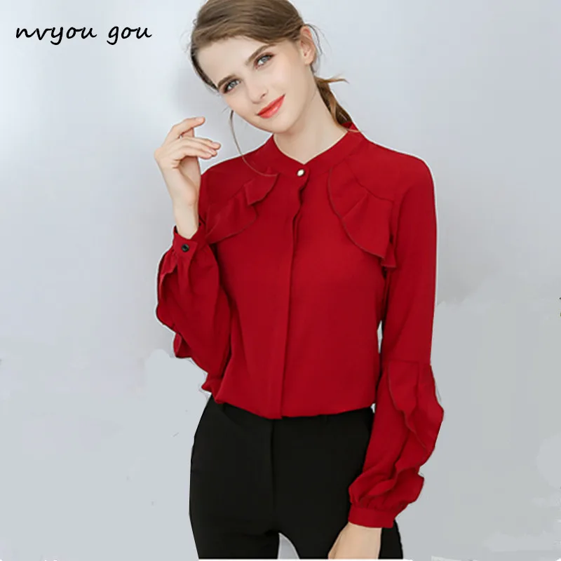 

nvyou gou Women Long Sleeve Ruffles Chiffon Solid Blouse Slim Office Ladies White Top Chemise Femme 2019 Autumn Spring Fashion