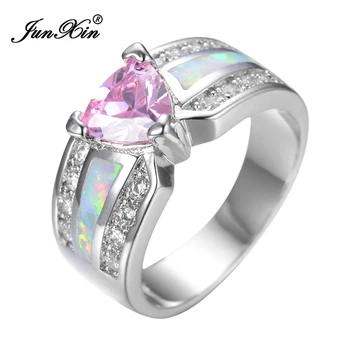 

JUNXIN Elegant Fashion Pink Heart Female Opal Ring White Gold Filled Jewelry Vintage Party Engagement Wedding Rings For Women