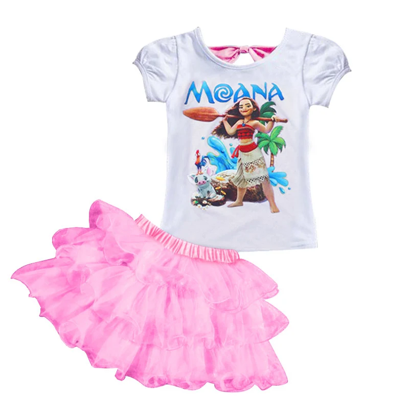 Комплект детской одежды года, комплекты одежды для девочек «Моана» футболка+ юбка-пачка летняя детская одежда для девочек, спортивный костюм, костюм для детей - Цвет: pink