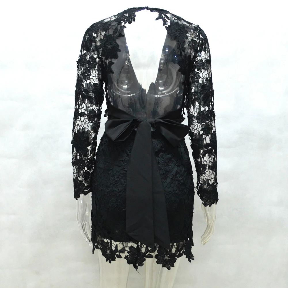 Black Pink Backless Deep V neck Sexy Lace Dress 2016 New Fashion Embroidery Hollow Out Long Sleeve Elegant Women Party Dresses Black Pink Backless Deep V neck Sexy Lace Dress 2016 New Fashion Embroidery Hollow Out Long Sleeve Elegant Women Party Dresses