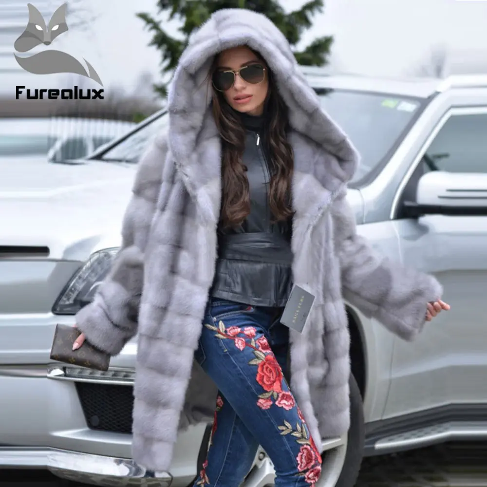 Furealux Новое поступление серое роскошное Норковое меховое пальто с капюшоном для женщин теплое свободное с поясом натуральное Норковое меховое пальто