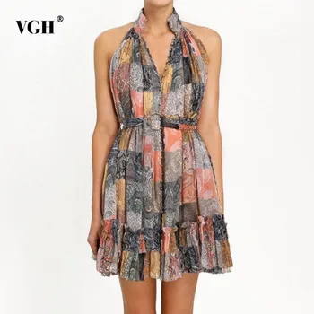 

VGH Vintage Geometric Dress Women V Neck Sleeveless Off Shoulder Sashes High Waist Slim Female Dresses Fashion New 2020 Summer