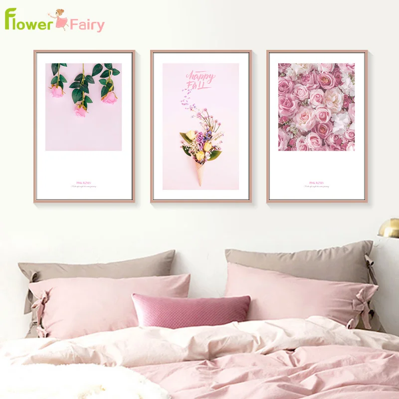 Pink Feather Rose Flowers Wall Art Canvas Painting Peony Nordic Poster Wall Pictures For Living Room Flamingo Decor Unframed