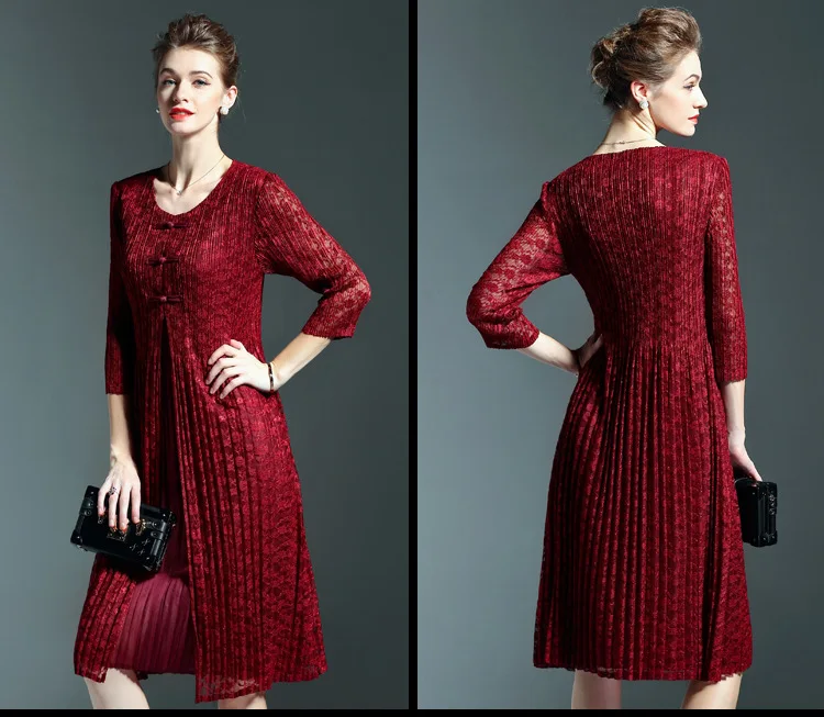 Vintage Elegant Lace Patchwork O Neck Knee-Length Dress in Dresses