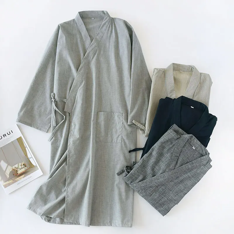 

Summer Men New Cotton Robes Fashion Solid Sleepwear Japanese Style Kimono Bathrobe Yukata Gowns High Quality Nightwear Size M L