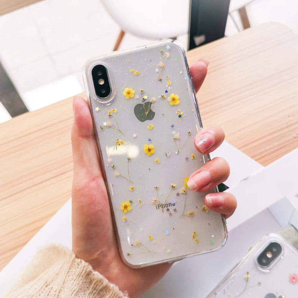 Блестящий чехол для телефона ins с настоящими цветами и высушенными iPhone 11 Pro Max X XR XS