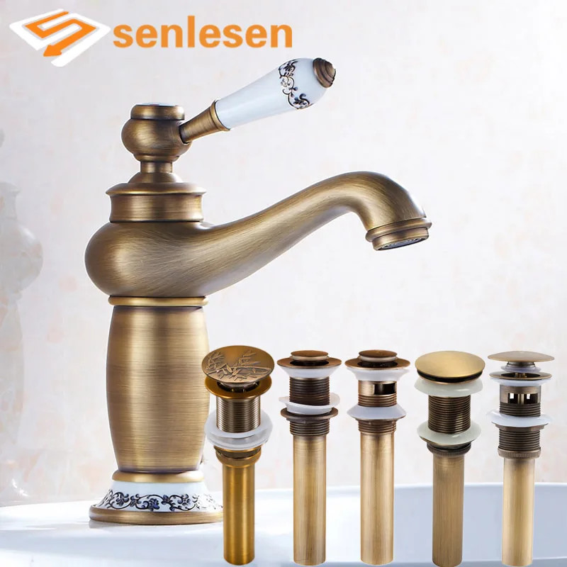 Bathroom Vanity Sink Faucet Ceramic Single Handle Antique Brass Basin Mixer Tap with Multiple Pop Up Drain Bathroom Vanity Sink Faucet Ceramic Single Handle Antique Brass Basin Mixer Tap with Multiple Pop Up Drain