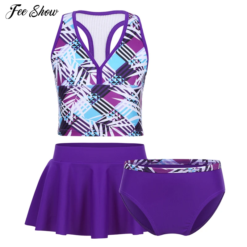 

Cute Kids Tankini Digital Print Swimsuit Bathing Suit Swimwear Top with Bottom Skirt Set Teenage Girls Clothing Holiday Beach