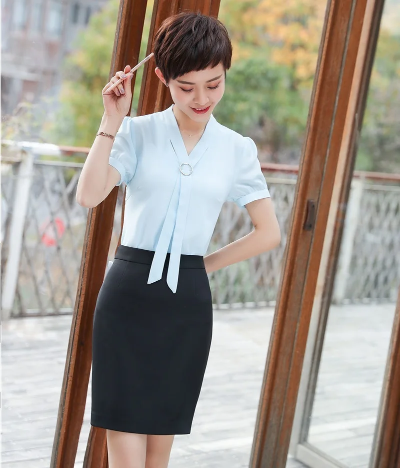 

Summer Two Piece Sets Women Suits with Skirt and Tops Sets V-neck Light Blue Blouses With Tie Short Sleeve