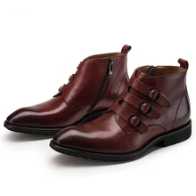 Fashion black /brown tan three buckles ankle boots mens casual shoes genuine leather motorcycle boots mens outdoor shoes