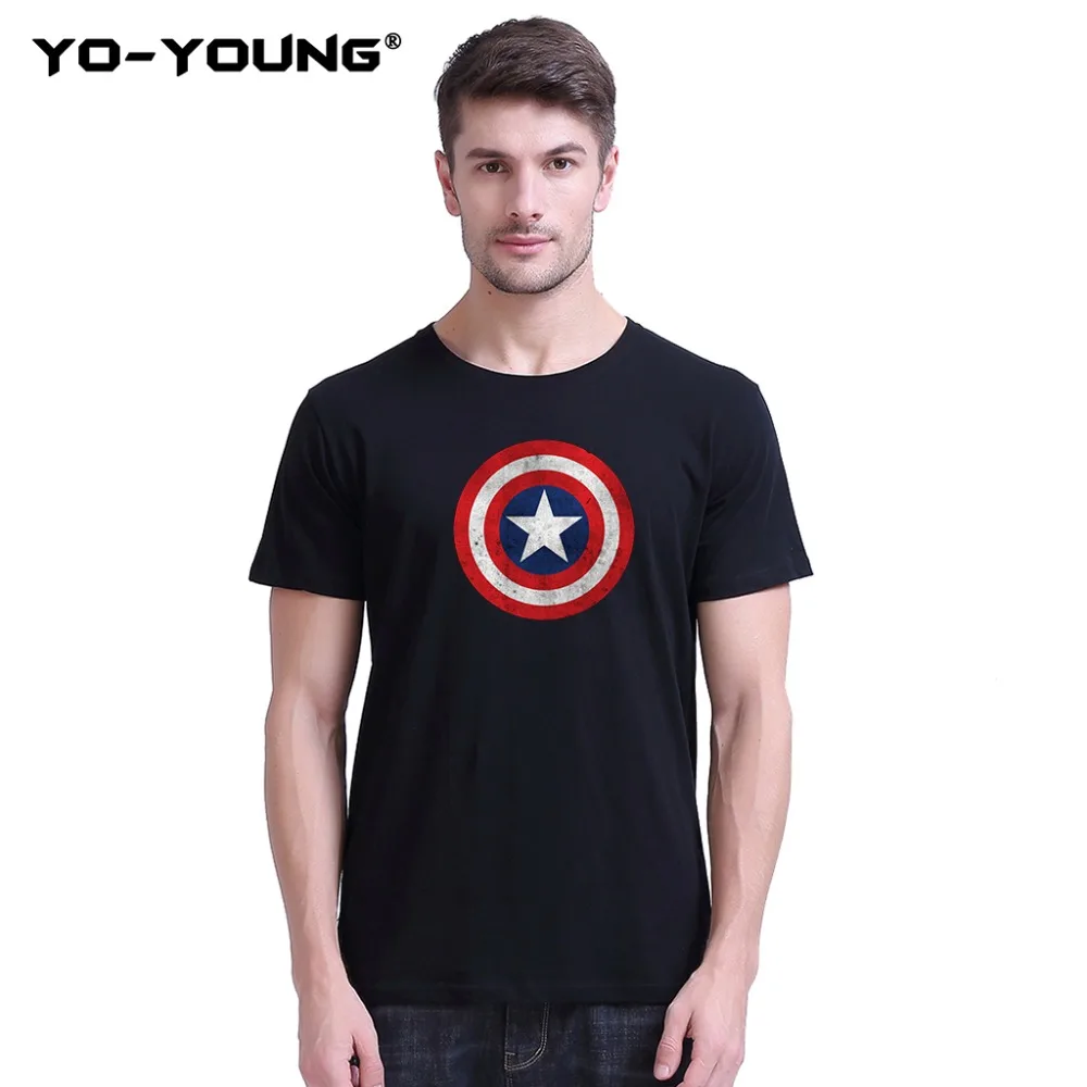 

Yo-Young Men T-Shirts Marvel Superhero Movie Captain American Shield Print 100% Combed Cotton Casual Top Tee Homme Customized